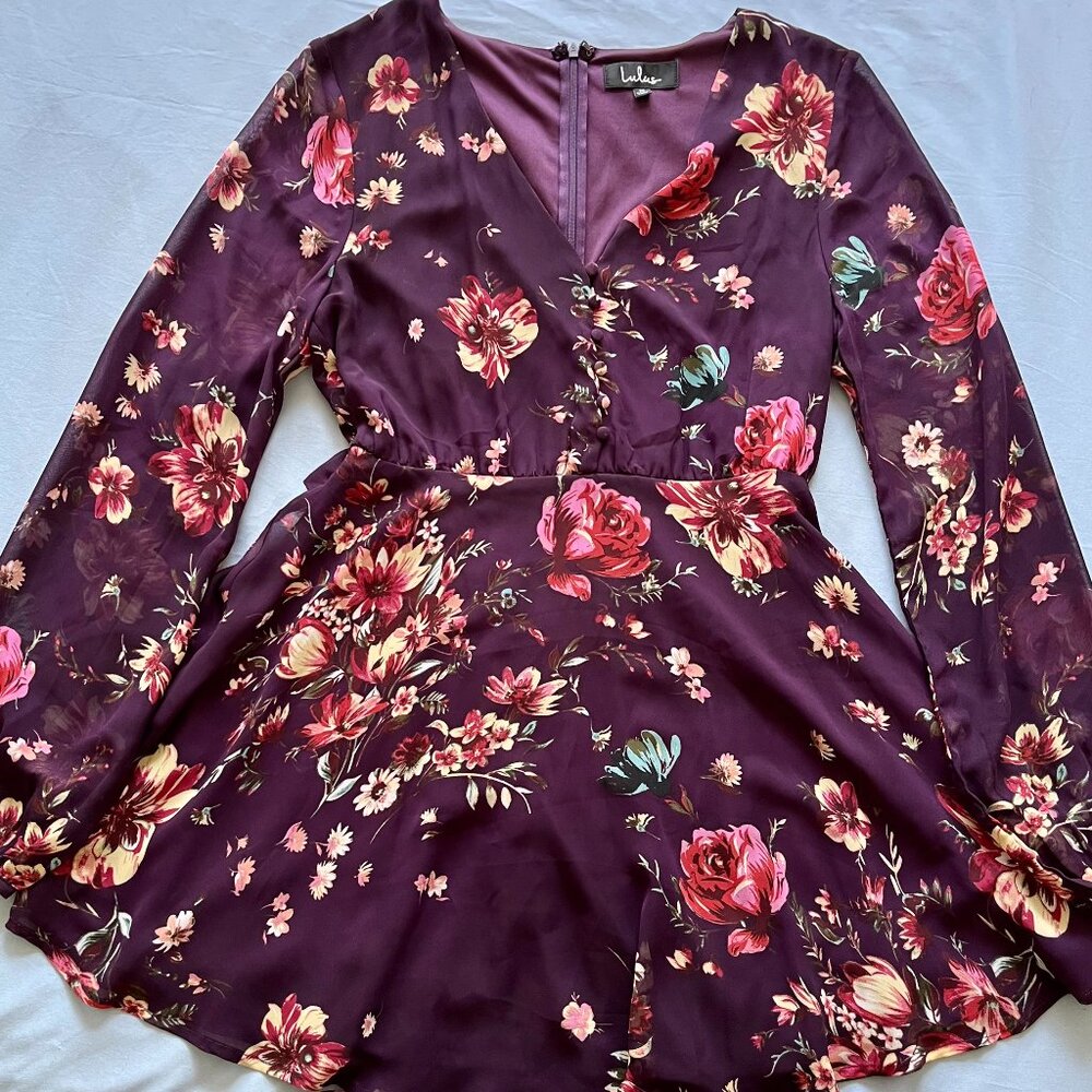 Lulu's Always Yours Plum Purple Floral Print Long Sleeve Skater Dress